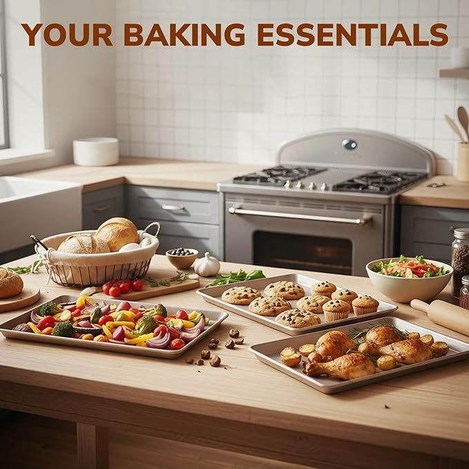 Sakerplus Nonstick Baking Sheet Pan Set of 3, Heavy Duty Cookie Sheets for Oven, 0.6mm Thick Quarter Size & Half Size & Jelly Roll Pan, Rustproof & Easy Clean with Textured Surface(Champagne Gold)