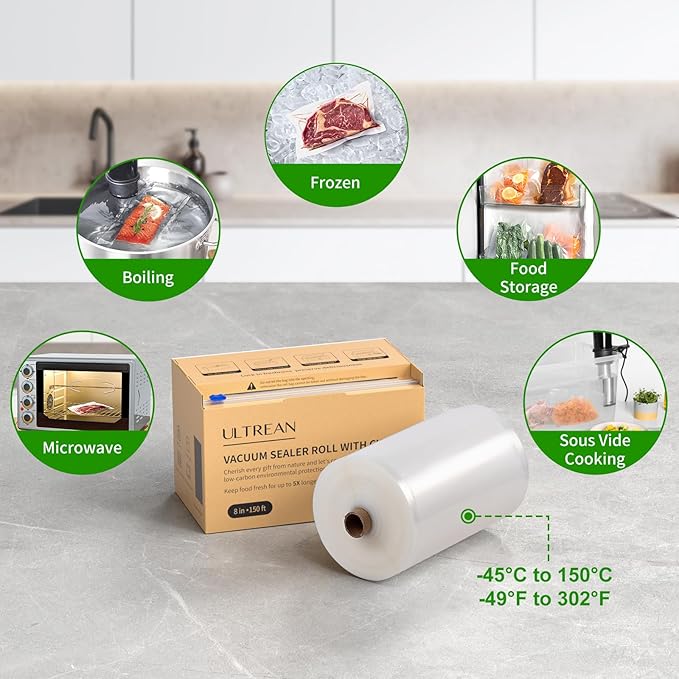 Ultrean 8" x 150' Vacuum Seal Roll Keeper with Cutter, Commercial Grade Vacuum Sealer Bags for Food Saver,BPA Free,Ideal for Storage, Meal Prep and Sous Vide