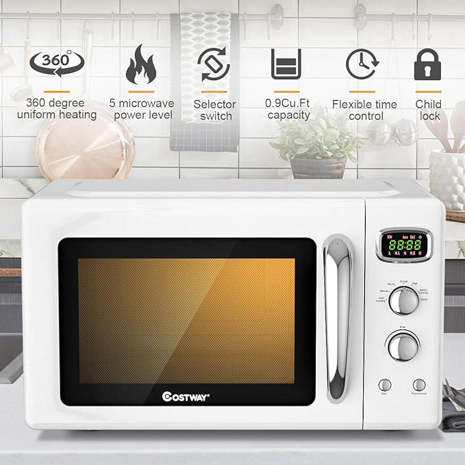 COSTWAY Microwave Countertop, 0.9 Cu.ft Small Retro Microwave for RV, Dorm