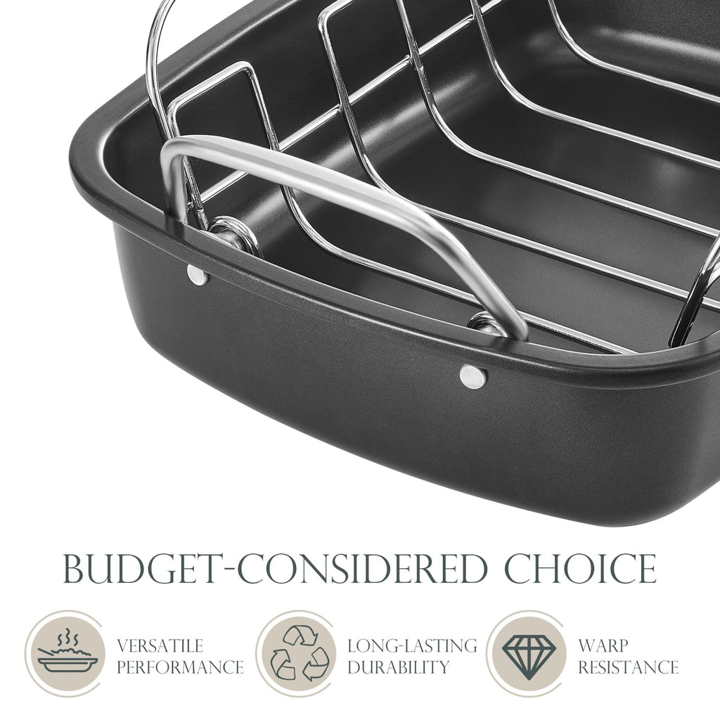 KITESSENSU Nonstick Turkey Roasting Pan with Rack 17 x 14 inch - Large Chicken Roaster Pan for Oven - Wider Handles & Heavy Duty Construction - Suitable for 24lb Turkey, Gray