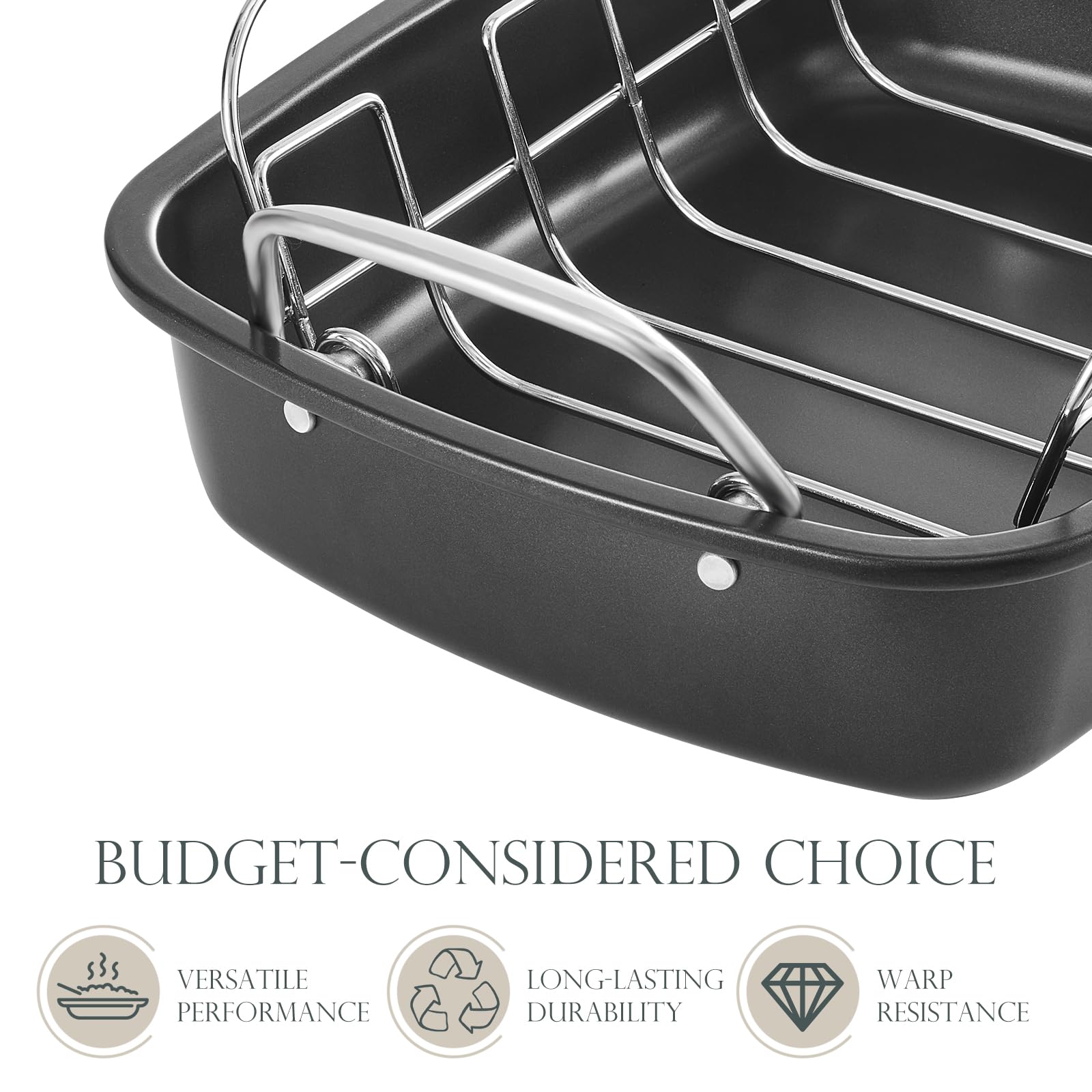 KITESSENSU Nonstick Turkey Roasting Pan with Rack 17 x 14 inch - Large Chicken Roaster Pan for Oven - Wider Handles & Heavy Duty Construction - Suitable for 24lb Turkey, Gray