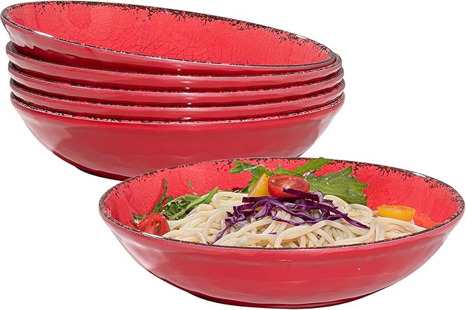ZAROCRUS Farmhouse Melamine Pasta Bowls Set of 6, 42 OZ Large Serving Bowls Set, 9.25 inch Ramen Bowls,Wide and Shadow Rustic Red Round Dinner Bowl, Fruit bowl, Noodle Bowl, Salad Bowl Set, Red…