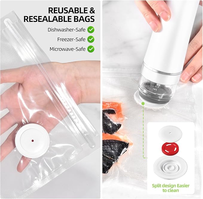 VENMATE Reusable Vacuum Sealer Bags, 15 Pack BPA-Free 8×8 Inch, Heavy-Duty Commercial Grade, Leak-Proof, Freezer Microwave Sous Vide Safe (White Vacuum Sealer + 30 Bags)