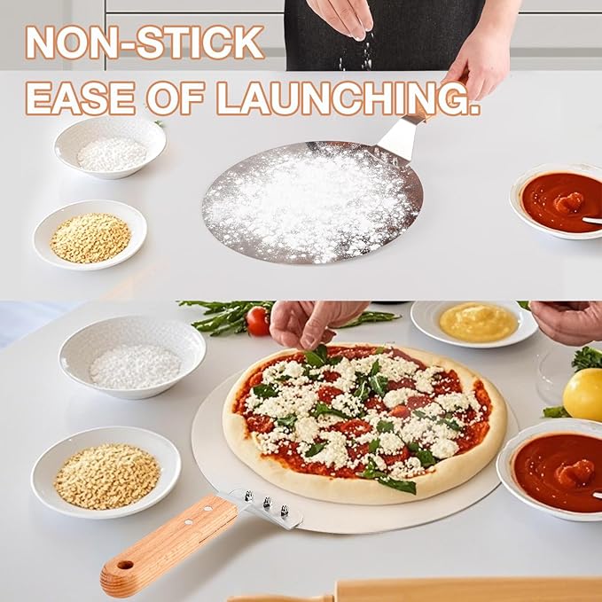 FLYZZA 12 Inch Stainless Pizza Peel, Pizza Spatula with Ergonomic Long Wood Handle for Pizza Oven Baking, Turing Peel for Pizza, Dough, Bread Pastry