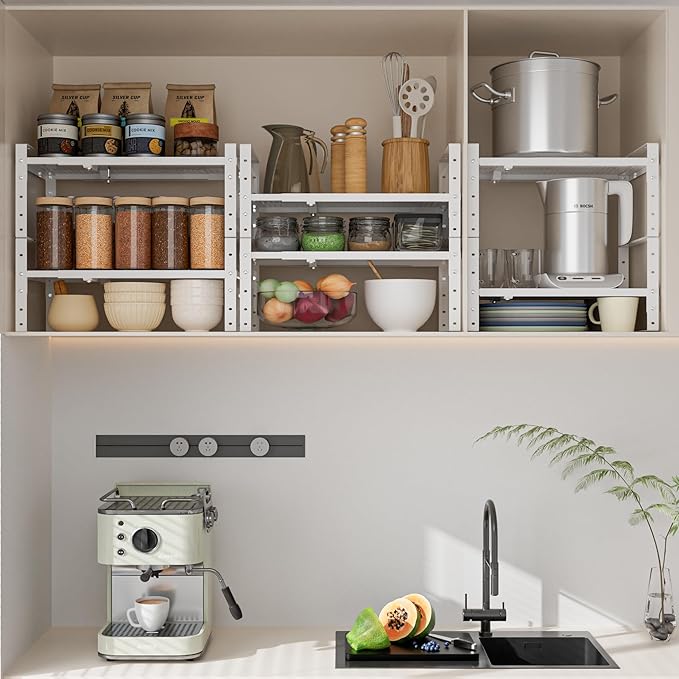 Wobmmi Expandable,Adjustable & Stackable Spice Rack, Cabinet Kitchen Countertop Shelf Organizer,Metal Pantry Storage Shelves - Space-Saving Storage Solution(2Packs/White/Large)