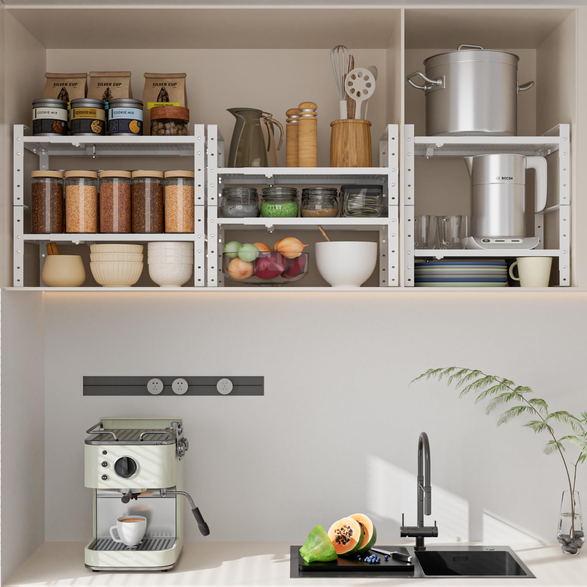 Wobmmi Expandable,Adjustable & Stackable Spice Rack, Cabinet Kitchen Countertop Shelf Organizer,Metal Pantry Storage Shelves - Space-Saving Storage Solution(2Packs/White/Large)
