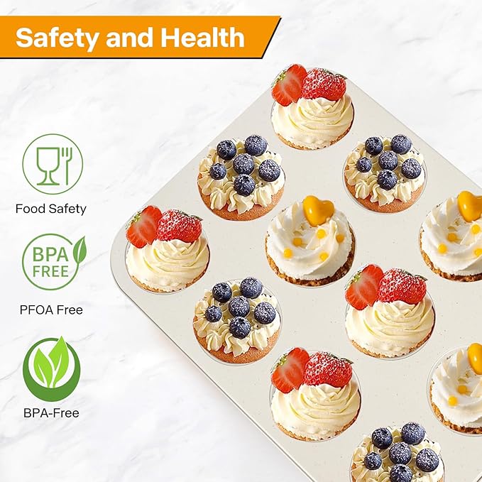 Spmarkt 2-Pack Healthy Baking Cupcake Pan| Non Stick 12-Cup Muffin Pan | Durable & Easy Clean Muffin Tin | Perfect for Cupcakes, Muffins (Beige)