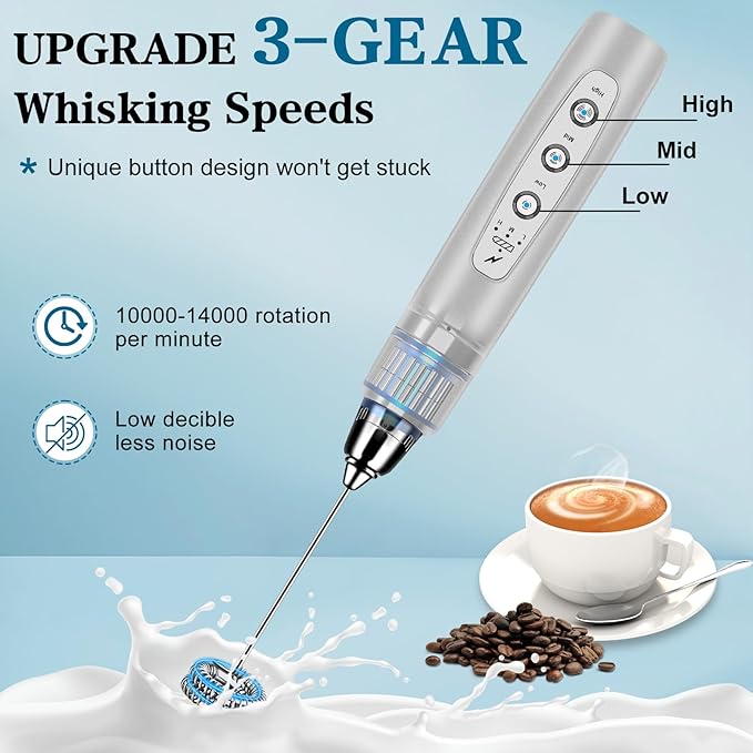 Milk Frother Wand Rechargeable Handheld Whisk Coffee 3 Speed Adjustable