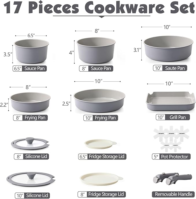 SENSARTE 17 Piece Ceramic Detachable Handle Pots and Pans Set Gray