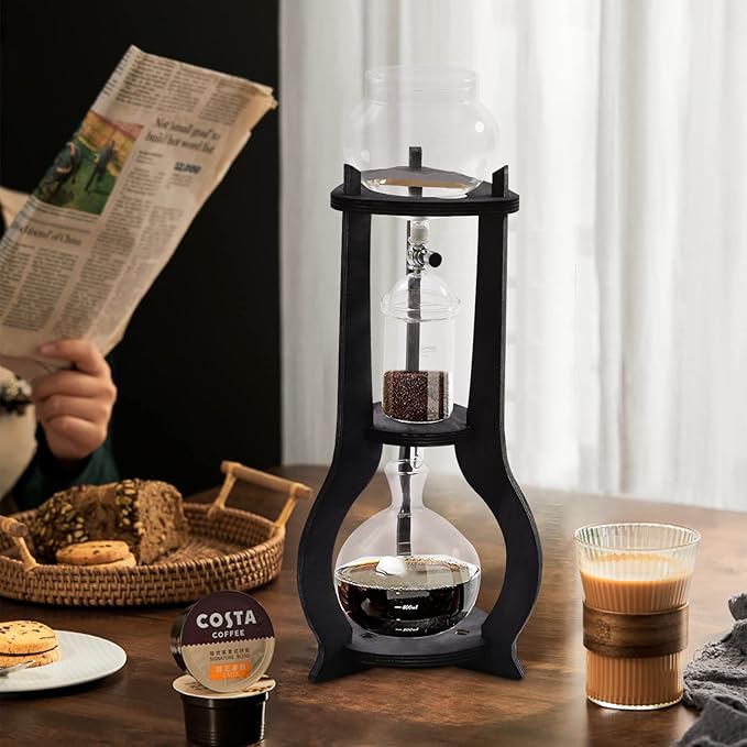 Uphilltool Cold Brew Drip Coffee Maker, 600ml/20.29 Ice Coffee Brewer Machine Cold-Drip Coffee Tower with Glass Container Wood Stand for Home Office