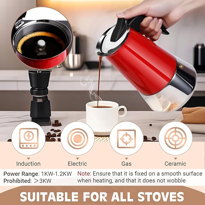 Suiitat 9 Cup Stainless Steel Moka Pot, 450ml Stovetop Espresso Maker, Red