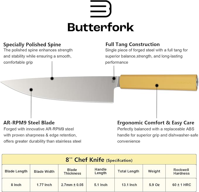 Butterfork 8 Inch Chef Knife, AR-RPM9 Steel & Ergonomic Handle Cooking Knife, Ultra Sharp Professional Kitchen Knife with Oak Sheath, Gift Box for Home Chefs