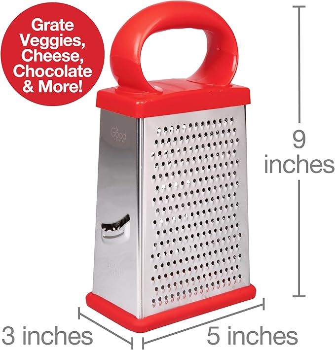 Stainless Steel 4 Sided Box Grater with 2 Storage Containers and Lids, Mess Free Cheese Shredder, Slicer and Vegetable Grater, Slip Resistant, Dishwasher Safe Kitchen Tool