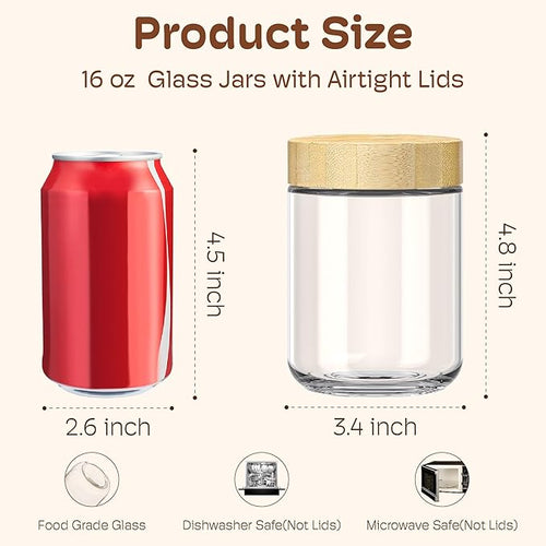 16 oz Overnight Oats Containers with Bamboo Lids, Glass Mason Jars 6 Pack