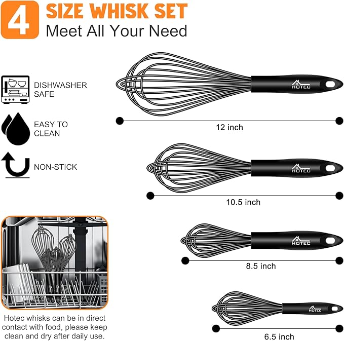 HOTEC 4 Pieces Silicone Whisks Set, Wire Balloon Whisks for cooking Egg Beater, Non-slip Handle Whisk for Non-stick Cookware Perfect for Cooking, Stirring, Beating and Blending,Black