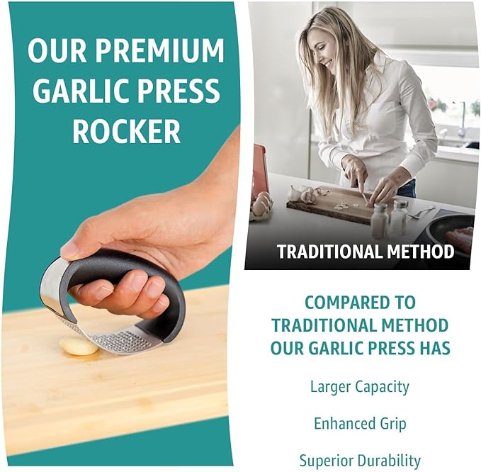 Garlic Press Rocker – Stainless Steel Garlic Mincer, Crusher & Chopper Tool with Peeler, Spatula & Brush – Easy-Press Garlic Press for Mincing Cloves, Ginger & Nuts, Comfortable Ergonomic Handle