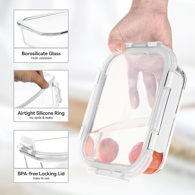 BAYZZ 5 Pack 35 Oz Glass Food Storage Containers with Lids, White