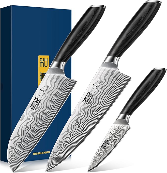 HOSHANHO 3 Pcs Knife Set, Professional Kitchen Knife Set, Pakkawood Handle