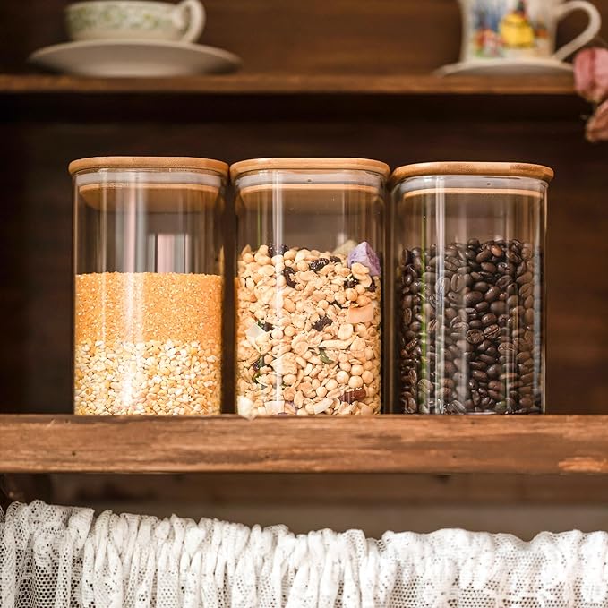 Liuruiyu Glass Food Storage Jars 37 oz Set of 6,Glass Storage Containers Clear Glass Food Canister with Bamboo Lid Airtight For Serving Tea,Coffee,Flour,Sugar,Candy,Cookie,Spice and More (Square)