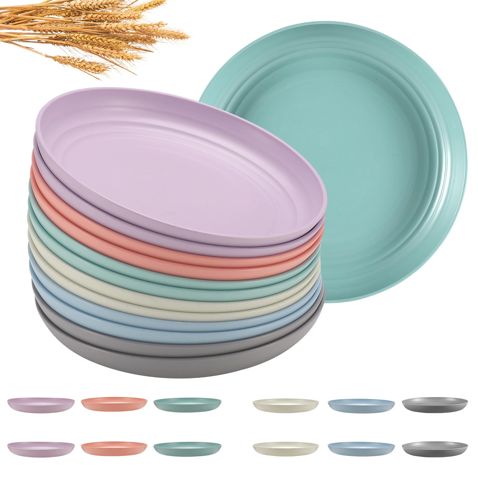 HEYCOME 12 Pcs Unbreakable Deep Dessert Plates Set, 8 inch Reusable Plastic Wheat Straw Plates, Microwave and Dishwasher Safe Plate for Kitchen, Lightweight Plate for Dessert, BPA Free, 6 Colors
