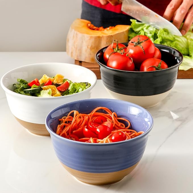 HASENSE Large Ceramic Soup Bowls Set of 4, 40 Oz Gloss Black Beige Stackable Stoneware Bowls, Farmhouse Bowls for Salad, Pasta, Ramen & Pho, Dishwasher & Microwave Safe