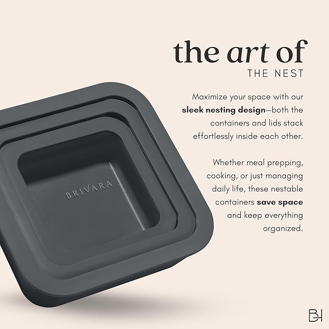 BRIVARA HOME Glass Food Storage Container with Lid, 5-Cup Medium Square | Microwave-Safe Airtight Lid, Oven-Safe Ceramic-Coated Glass | Zero Plastic, No PFAS/PFOA/BPA, Reusable [Onyx]