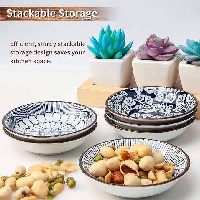 Eisinly 6 Pack Dipping Bowls,3 OZ Small Ceramic Soy Sauce Dish,Vintage Blue