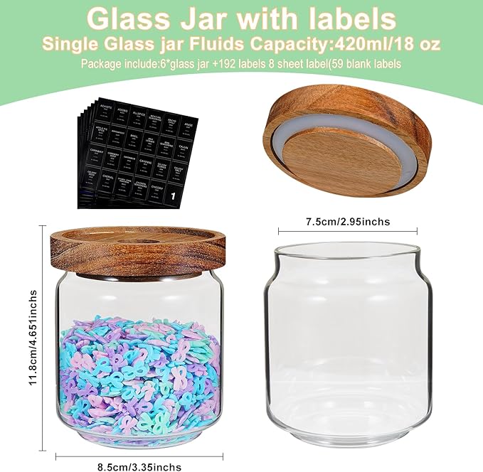Patoper Small Glass Jars with Labels Spice Jar Round Storage Canister with Wooden Lid Clear Glass Food Jar for Pantry Sugar Tea Coffee Bean Spice Nuts Cookies Bath Salts (6 * 420ml(14oz))
