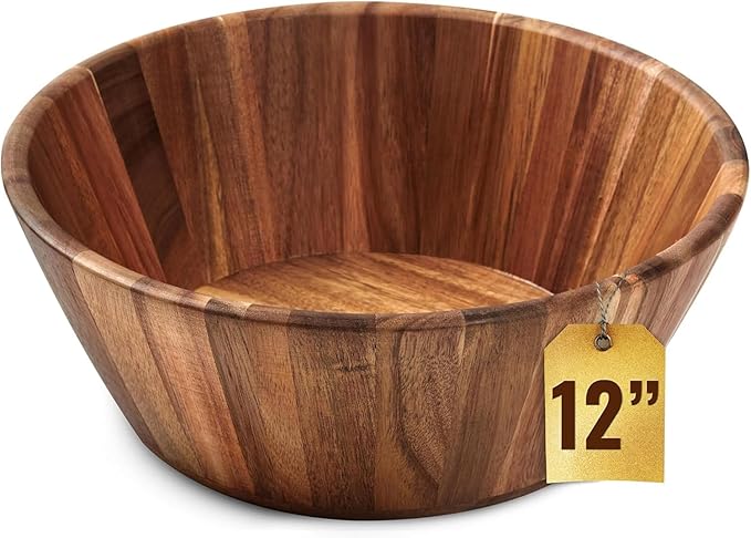 Wooden Salad Bowl, 12" Round Wood Bowl for Fruit & Serving