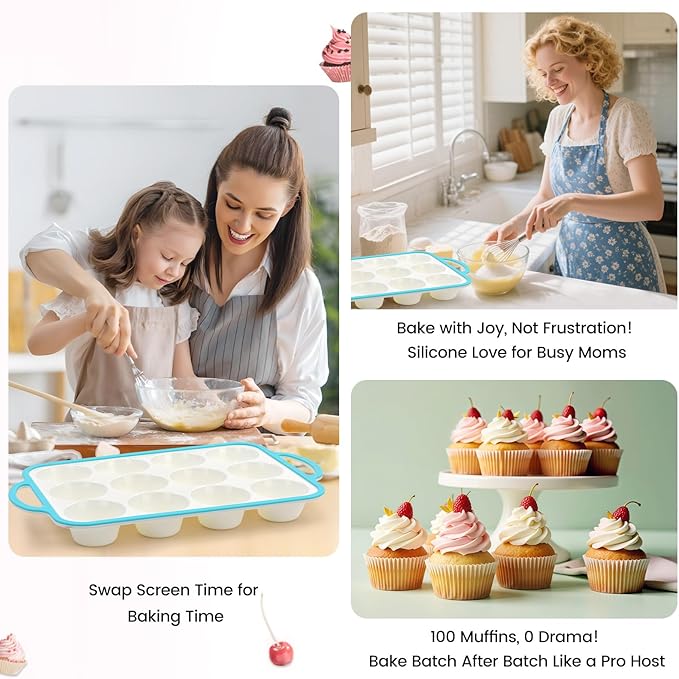 Fimary Silicone Muffin Pans for Baking 2 Pack, 2.6 Inch with Metal Reinforced Frame, Regular Size Nonstick Cupcake Pan 12 Cups for Baking Homemade Muffins, Dishwasher Safe BPA Free-Blue