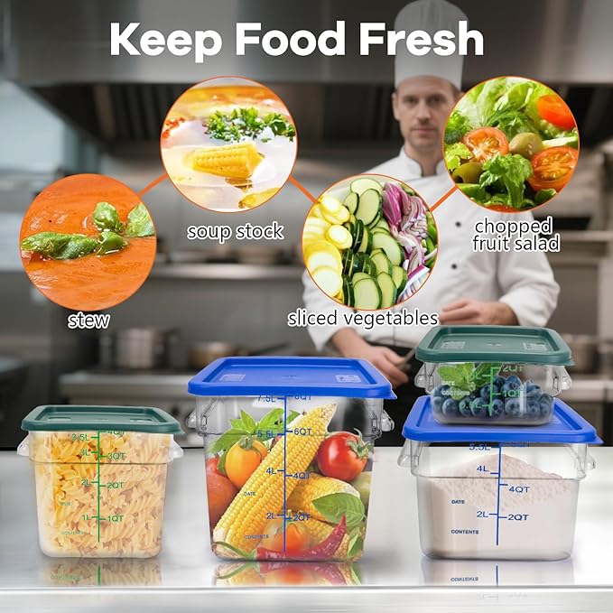 TSUBOR 4 Pack Food Storage Containers with Green Lids, 2.0 Qt - Square, Clear, Polycarbonate, for Restaurant Commercial Kitchen and Home party