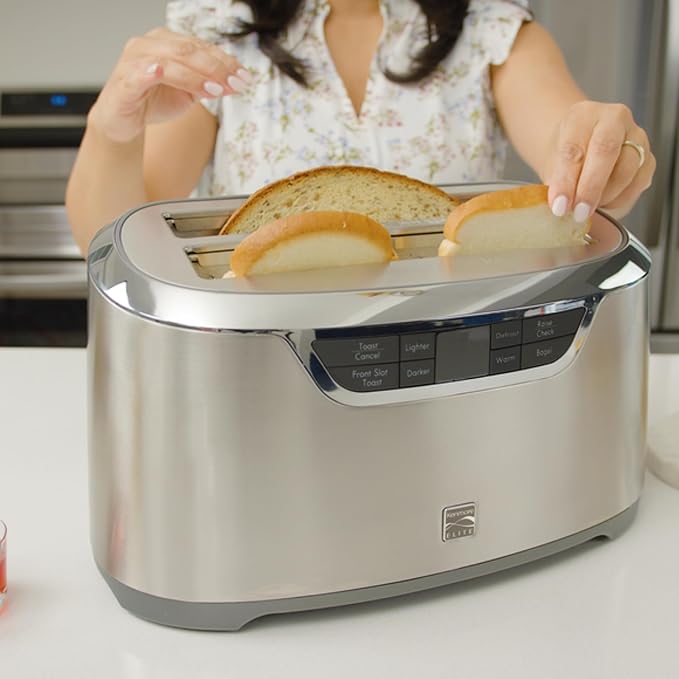 Kenmore Elite 4-Slice Long Slot Toaster Silver, One-Touch Auto-Lift, Stainless Steel, Adjustable Browning, Defrost, Digital Countdown Timer, Retractable Cord, Toast, Bagels, Waffles, English Muffins