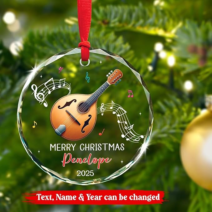 Personalized Mandolin Glass Ornament Xmas 2026, Musical Instrument Christmas Ornament Gift for Mandolin Player, Customized Text & Name Mandolinist Glass Keepsake, Instrument Lover Christmas Ornaments