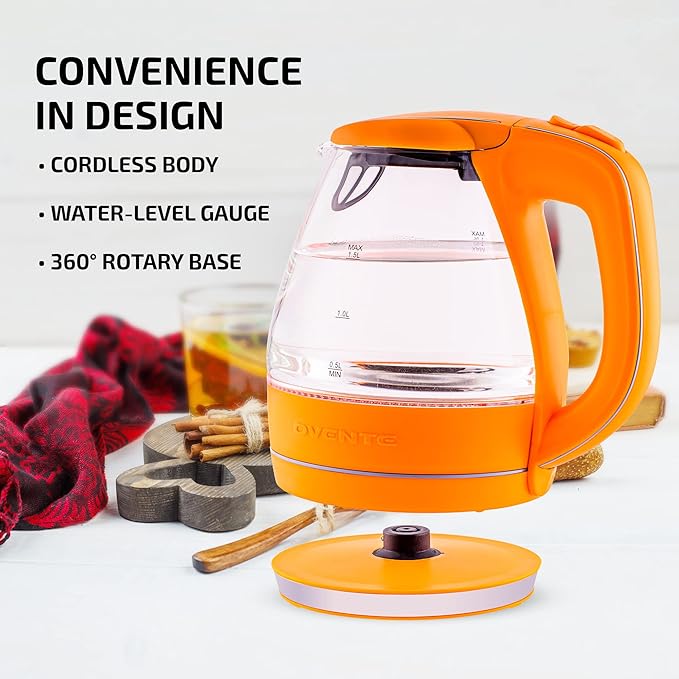 OVENTE 1.5L Glass Electric Kettle Water Boiler, Orange KG83O