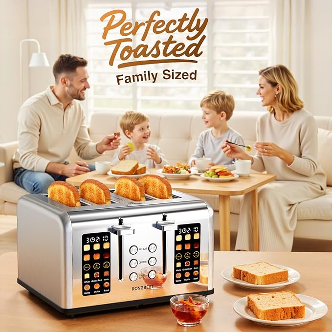 4 Slice Touch Screen Toaster with Wide Slots Stainless Steel Digital Toasters for Family Breakfast, Even Toasting for Bagel & Bread, Reheat Defrost Cancel, Removable Crumb Tray, Silver