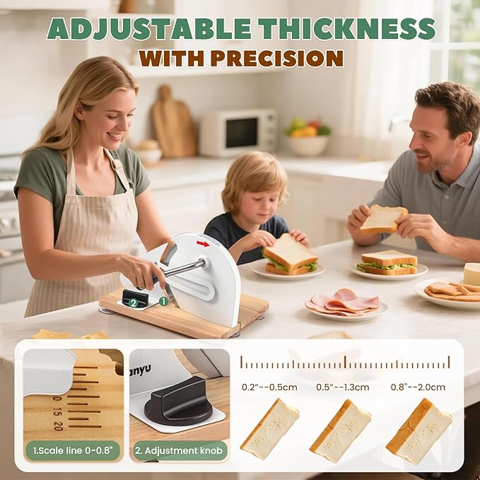 Huanyu Manual Bread Slicer Upgrade Foldable Sourdough Cutter Versatile Hand Crank Stainless Steel Blade Adjustable Thickness with Scale Line & Suction Cup for Homemade & Commercial Use White