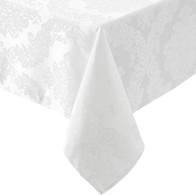 Newbridge Barcelona Luxury Damask Fabric Tablecloth, 70” Extra Wide x 90” Rectangle, White, 100% Polyester, No Iron, Soil Resistant Dining Room, Party and Banquet Table Cover
