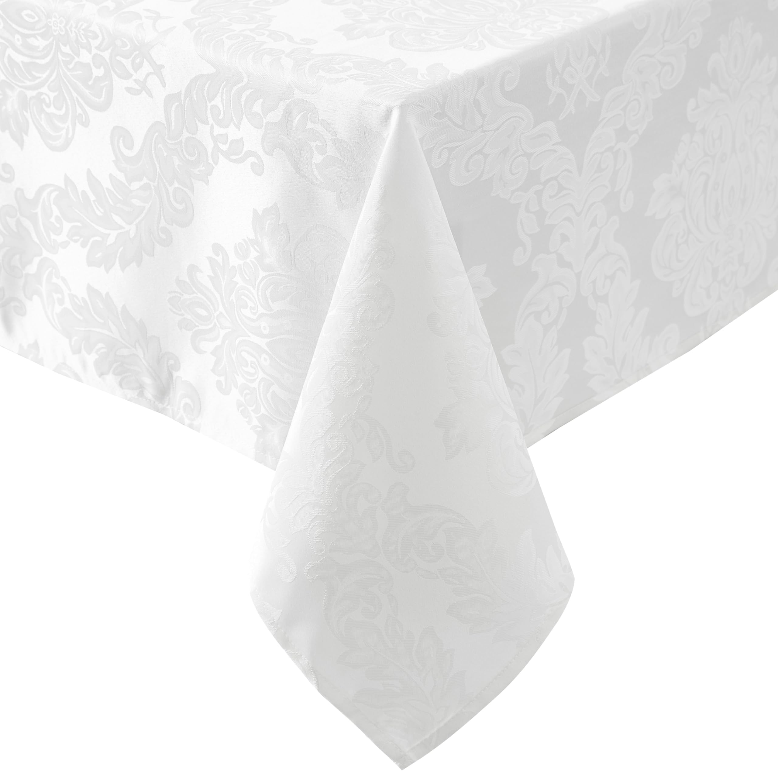 Newbridge Barcelona Luxury Damask Fabric Tablecloth, 70” Round, White, 100% Polyester, No Iron, Soil Resistant Dining Room, Party and Banquet Table Cover