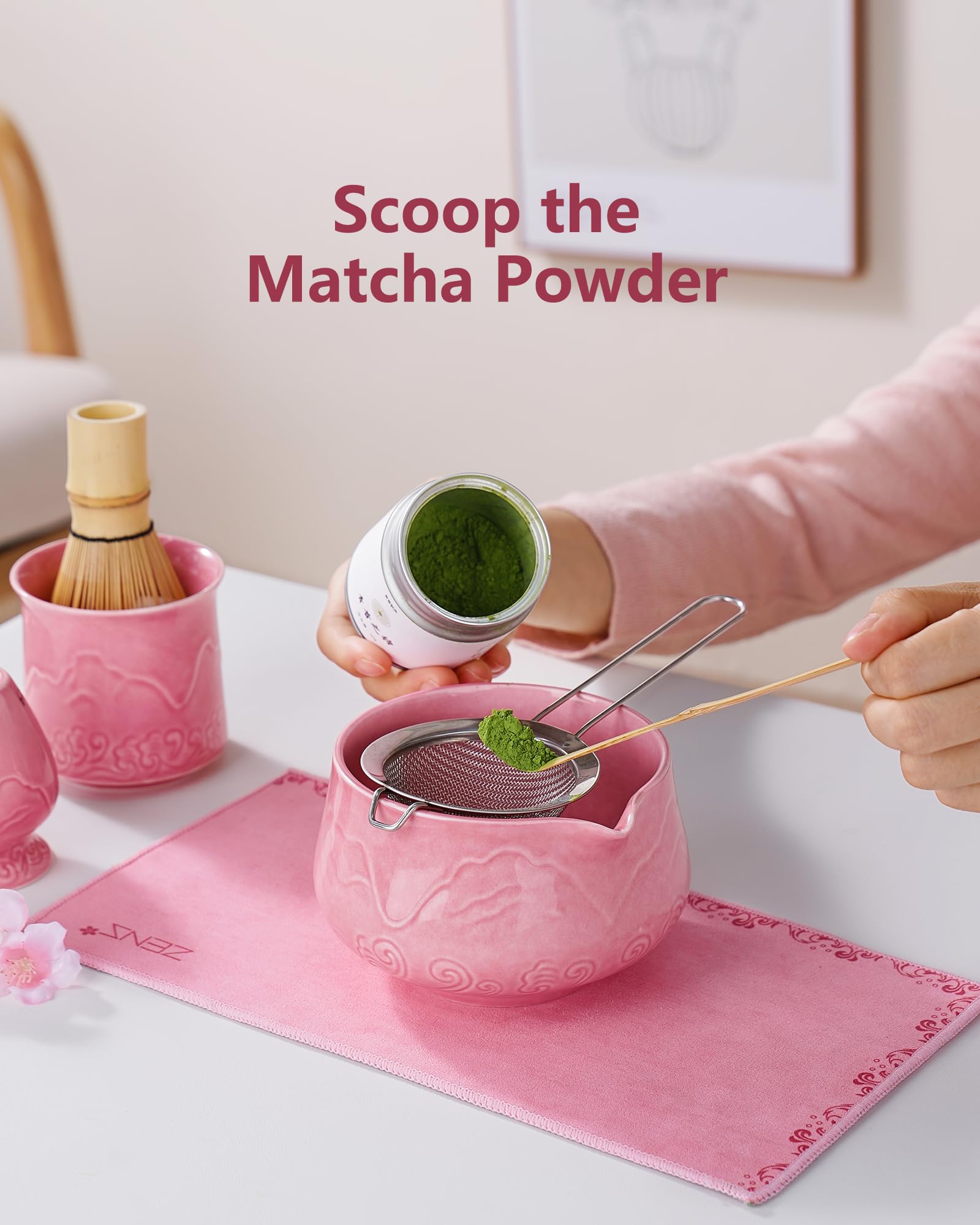 ZENS Premium Matcha Whisk Set with Blooming Cup, 7pcs Matcha Set, Pink
