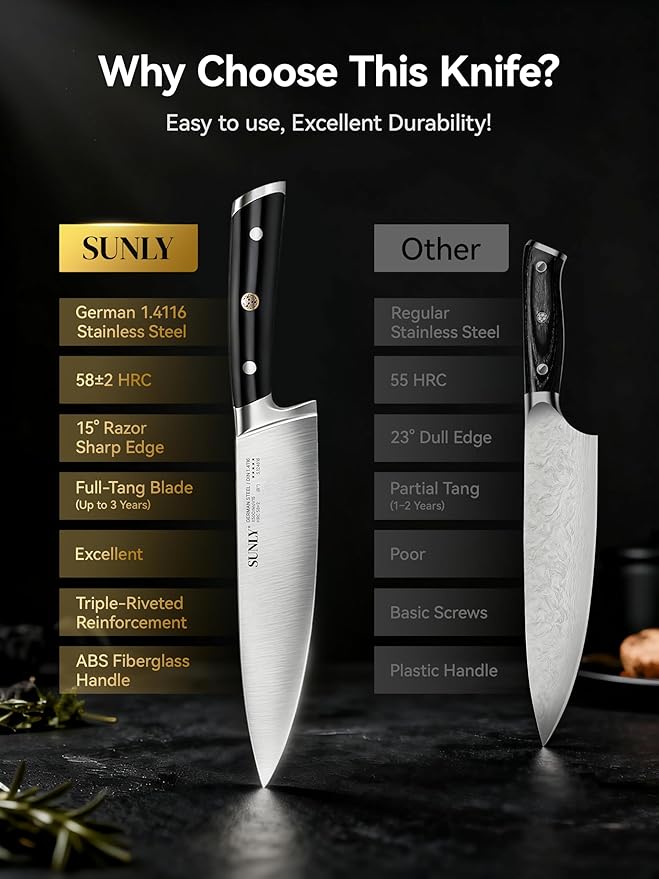 SUNLY Chef Knife, 8 Inch Professional Kitchen Knife with German 1.4116 Stainless Steel, 58±2 HRC Hardness, Full-Tang Design, Anti-Slip Handle for Meat, Fruits, Vegetables, Gift-Ready Magnetic Box