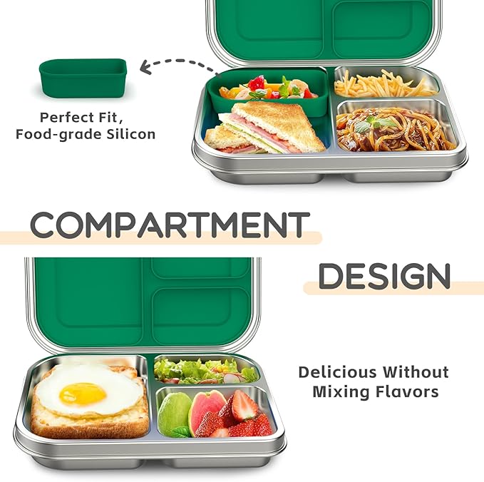 BOSEDSANG Stainless Steel Kids Leak-Resistant Bento Lunch Box, 3-Compartments with Silicone Container, Dishwasher-Safe, Child-Friendly Design for School, Picnics & Travel,BPA-Free (Green)