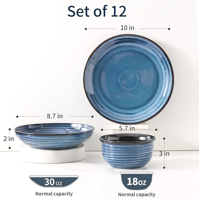 Hasense Ceramic Dinnerware Set, 12 Pieces Handmade Reactive Glaze Plate and Bowls Set of 4 (Plates, Pasta Dish, Cereal Bowls), Chip and Scratch Resistant Dinner Dishes Service, Navy Blue