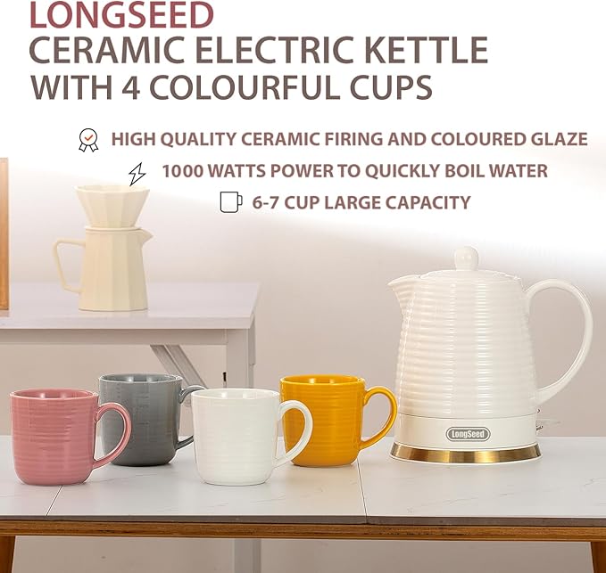 LONGSEED 1.26 Quarts Ceramic Electric Kettle with Infuser & Cups Kit, Boil Water Teapot, Boil-Dry Protection Auto Shut-off, Detachable Swivel Base, 1000W Fast Boiling for Tea and Coffee