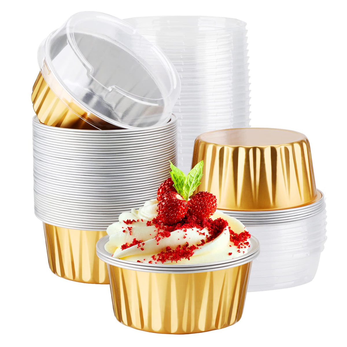 EUSOAR Cupcake Liners for Baking, 50pcs 5oz Muffin Liners, Disposable Foil Ramekins, Dessert Containers, Aluminum Foil Baking Cupcake Cups Holders Pans with Lids 5 Colors Mixed