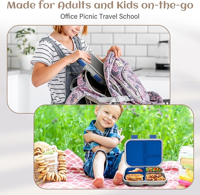 BABHAMNESS Stainless Steel Bento Box Kids, 3 Compartments Leak Proof Metal Bento Lunch Box, 304 Stainless Steel Bento Lunch Containers for School and Office,Dishwasher Safe, BPA-Free-Blue