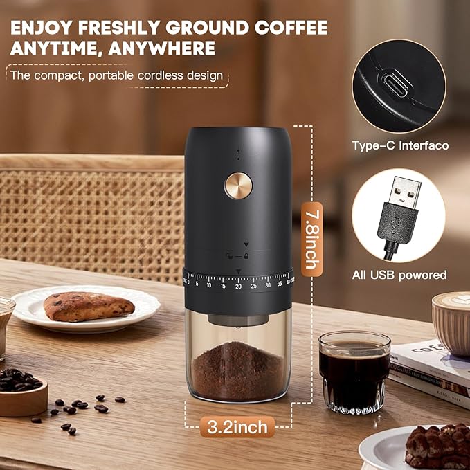 Portable Electric Coffee Grinder, 40 Settings, Conical Burr, USB-C, Black