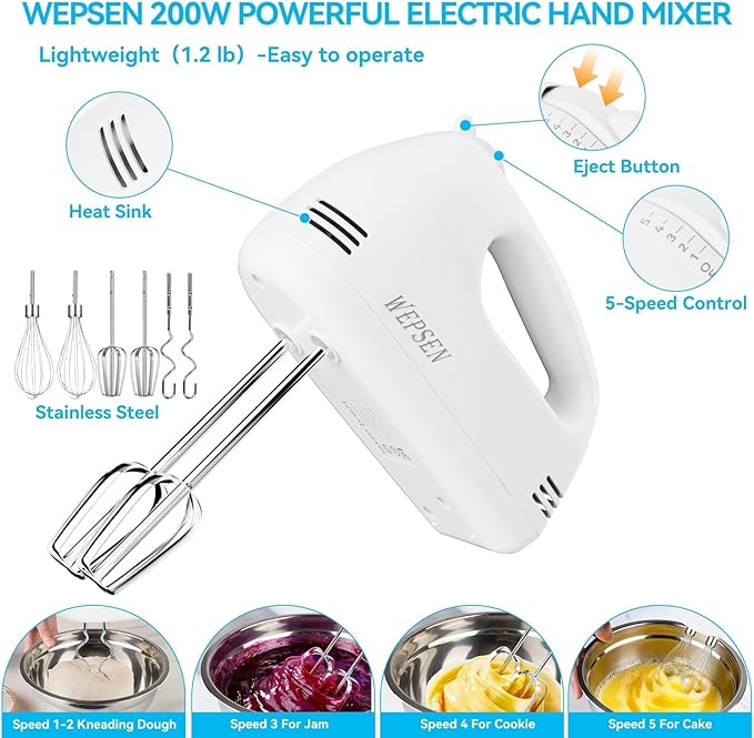 WEPSEN Hand Mixer Electric Mixing Bowls Set, 5 Speeds Handheld Mixer with 4 Nesting Stainless Steel Mixing Bowl, Measuring Cups Spoons 200W Kitchen Blender Whisk Beater Baking Supplies For Beginner