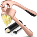 Zulay Kitchen Large Premium Garlic Press Set - Bigger Bowl for Bigger Garlic - Rust Proof Garlic Mincer Tool - Easy-Squeeze, Easy-Clean Silicone Garlic Peeler & Brush (Rose Gold)