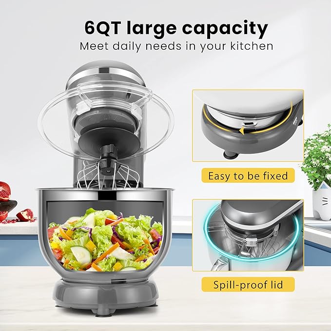 VIVOHOME Stand Mixer, 6-Quart Tilt-Head Kitchen Mixer with Bowl, Gray