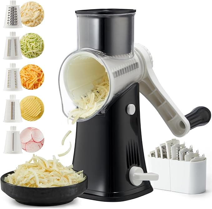 ALEXPHY Rotary Cheese Grater Hand Crank, 5 blades Cheese shredder, Stronger Suction, Easy to Clean for Fruit, Vegetables, Nuts, Black